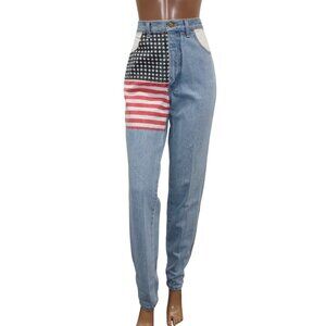 Vintage High Waist Light Wash Mom Jeans American Flag Stripe Stars 28